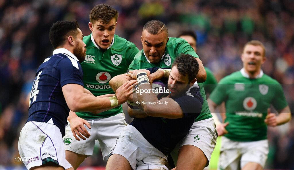 4 February 2017; Tommy Seymour of Scotland is tackled by Simon Zebo of Ireland during the RBS Six Nations Rugby Championship match between Scotland and Ireland at BT Murrayfield Stadium in Edinburgh, Scotland. Photo by Ramsey Cardy/Sportsfile