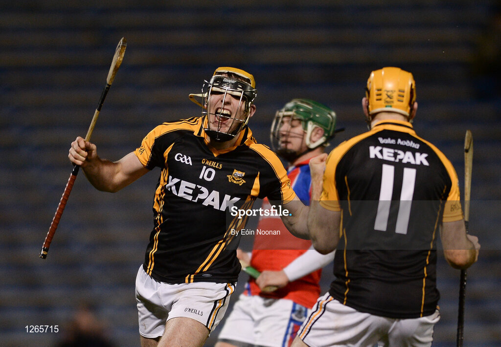 4 February 2017; Niall Deasy of Ballyea celebrates with team mate Gary Brennan after scoring his sides first goal during the AIB GAA Hurling All-Ireland Senior Club Championship Semi-Final match between St Thomas' and Ballyea at Semple Stadium in Thurles, Co Tipperary. Photo by Eóin Noonan/Sportsfile