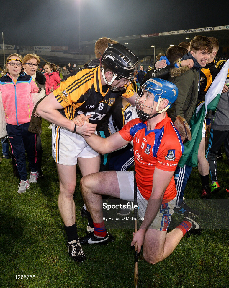 4 February 2017; Tony Kelly of Ballyea commiserates with Conor Cooney of St Thomas' after the AIB GAA Hurling All-Ireland Senior Club Championship Semi-Final match between St Thomas' and Ballyea at Semple Stadium in Thurles, Co Tipperary. Photo by Piaras Ó Mídheach/Sportsfile