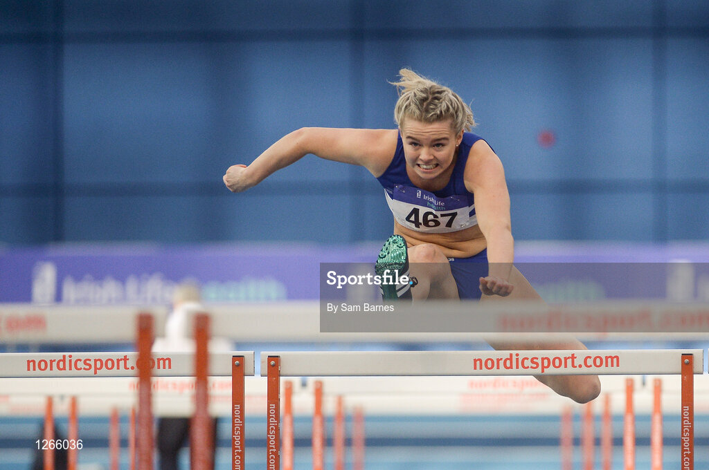 5 February 2017; Molly Scott of St L O'Toole AC, Co Carlow, on her way to winning the women's 60m hurdles during the Irish Life Health AAI Indoor Games at Sport Ireland National Indoor Arena in Abbotstown, Dublin. Photo by Sam Barnes/Sportsfile