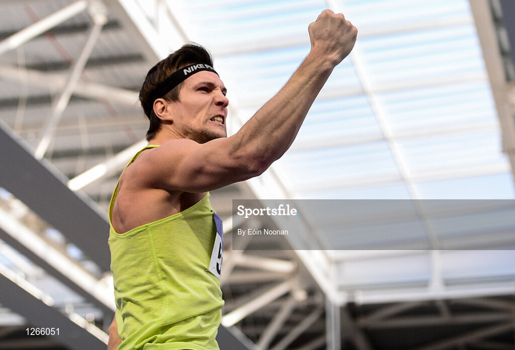 5 February 2017; Peter Glass of City of Lisburn A.C., Co. Antrim, celebrates after clearing the pole during the mens pole vault during the Irish Life Health AAI Indoor Games at Sport Ireland National Indoor Arena in Abbotstown, Dublin. Photo by Eóin Noonan/Sportsfile