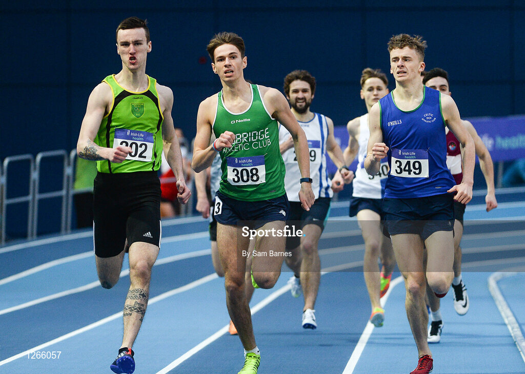 5 February 2017; Athletes, from left, Lee Byrne of Rathfarnham W.S.A.F. A.C., Mark Glynn of Newbridge AC and Daire Finn of Celtic AC, competing in the senior mens 800m heat 2 during the Irish Life Health AAI Indoor Games at Sport Ireland National Indoor Arena in Abbotstown, Dublin. Photo by Sam Barnes/Sportsfile