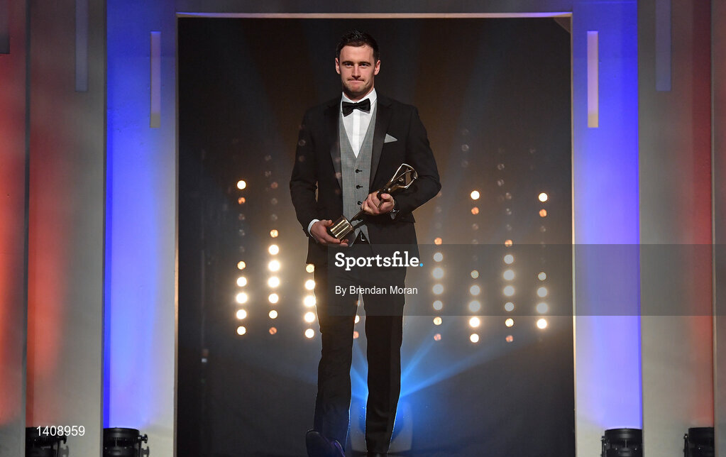 3 November 2017; Galway hurler David Burke with his award during the PwC All Stars 2017 at the Convention Centre in Dublin. Photo by Brendan Moran/Sportsfile