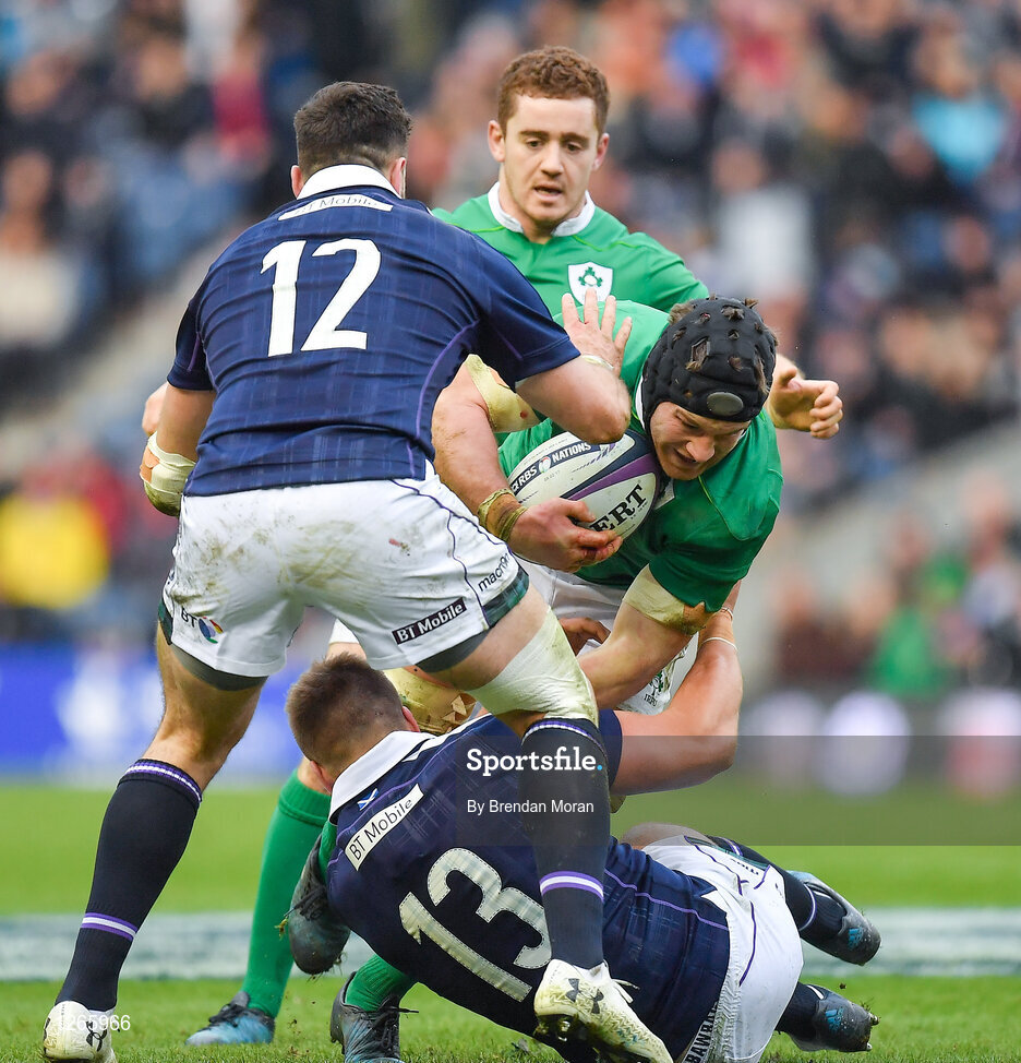 4 February 2017; Sean O'Brien of Ireland is tackled by Alex Dunbar, left, and Huw Jones of Scotland during the RBS Six Nations Rugby Championship match between Scotland and Ireland at BT Murrayfield Stadium in Edinburgh, Scotland. Photo by Brendan Moran/Sportsfile