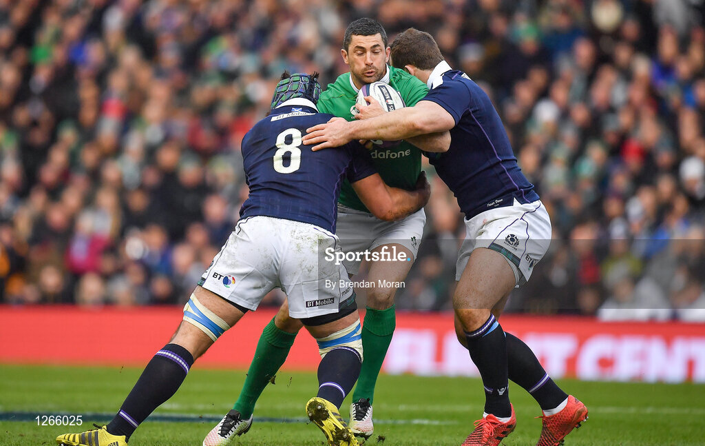 4 February 2017; Rob Kearney of Ireland is tackled by Josh Strauss, left, and Fraser Brown of Scotland during the RBS Six Nations Rugby Championship match between Scotland and Ireland at BT Murrayfield Stadium in Edinburgh, Scotland. Photo by Brendan Moran/Sportsfile