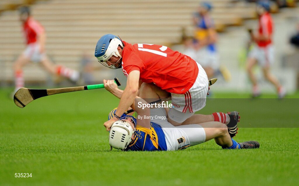 15 July 2011; Luke Farrell, Cork, and Sean O'Brien, Tipperary are involved in a fracas off the ball. Bord Gáis Energy Munster GAA Hurling Under 21 Championship Semi-Final, Tipperary v Cork, Semple Stadium, Thurles, Co. Tipperary. Picture credit: Barry Cregg / SPORTSFILE
