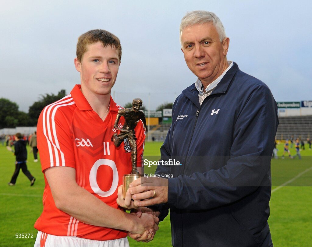 15 July 2011; Ger Cunningham, Sports Sponsorship Manager, Bord Gais, presents Conor Lehane, Cork, with the man of the match award after the game. Bord Gáis Energy Munster GAA Hurling Under 21 Championship Semi-Final, Tipperary v Cork, Semple Stadium, Thurles, Co. Tipperary. Picture credit: Barry Cregg / SPORTSFILE