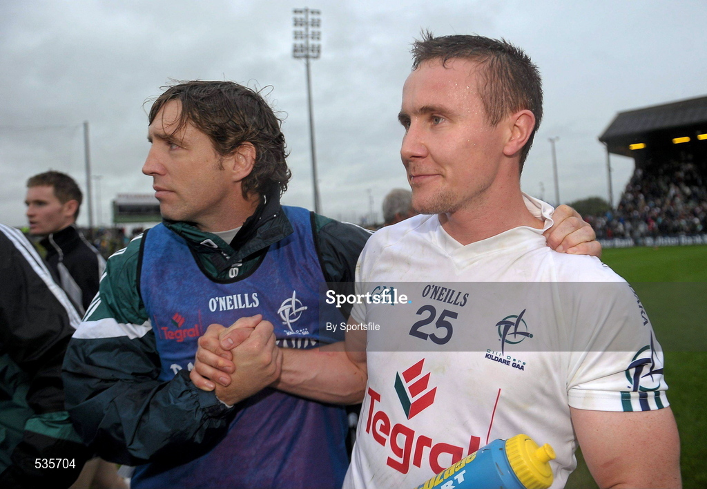 16 July 2011; Kildare manager Kieran McGeeney celebrates with Brian Flanagan, Kildare, after the game. GAA Football All-Ireland Senior Championship Qualifier, Round 3, Meath v Kildare, Pairc Tailteann, Navan, Co. Meath. Photo by Sportsfile