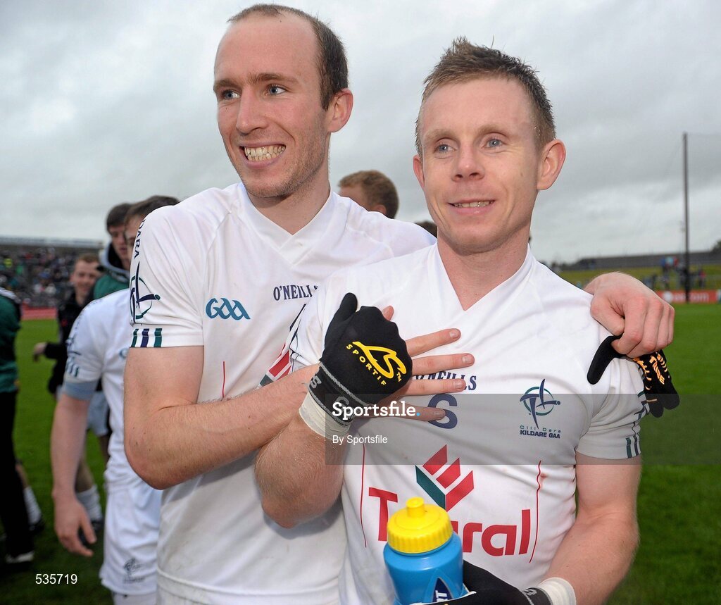 16 July 2011; Hugh McGrillen and Morgan O'Flaherty, right, Kildare, celebrate at the end of the game. GAA Football All-Ireland Senior Championship Qualifier, Round 3, Meath v Kildare, Pairc Tailteann, Navan, Co. Meath. Photo by Sportsfile