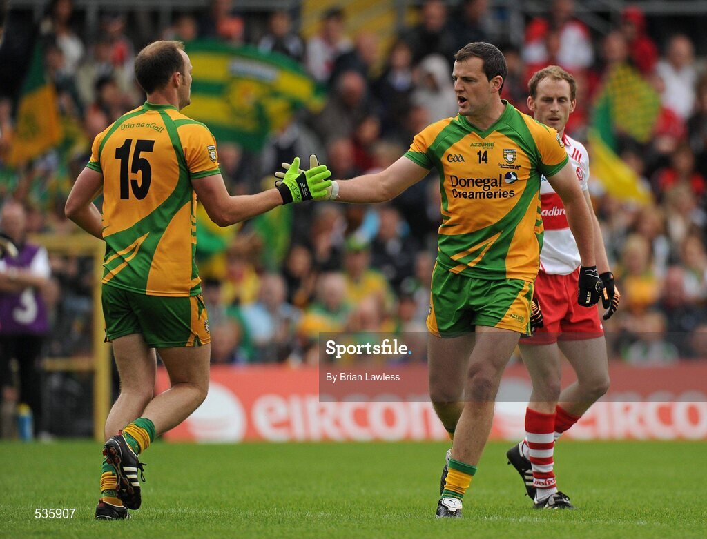 17 July 2011; Michael Murphy, Donegal, celebrates a point with team-mate Colm McFadden, left. Ulster GAA Football Senior Championship Final, Derry v Donegal, St Tiernach's Park, Clones, Co. Monaghan. Picture credit: Brian Lawless / SPORTSFILE