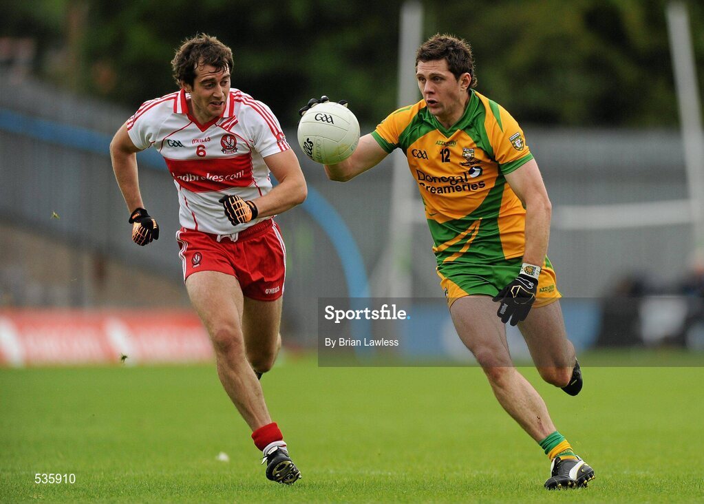 17 July 2011; Ryan Bradley, Donegal, in action against Charlie Kielt, Derry. Ulster GAA Football Senior Championship Final, Derry v Donegal, St Tiernach's Park, Clones, Co. Monaghan. Picture credit: Brian Lawless / SPORTSFILE