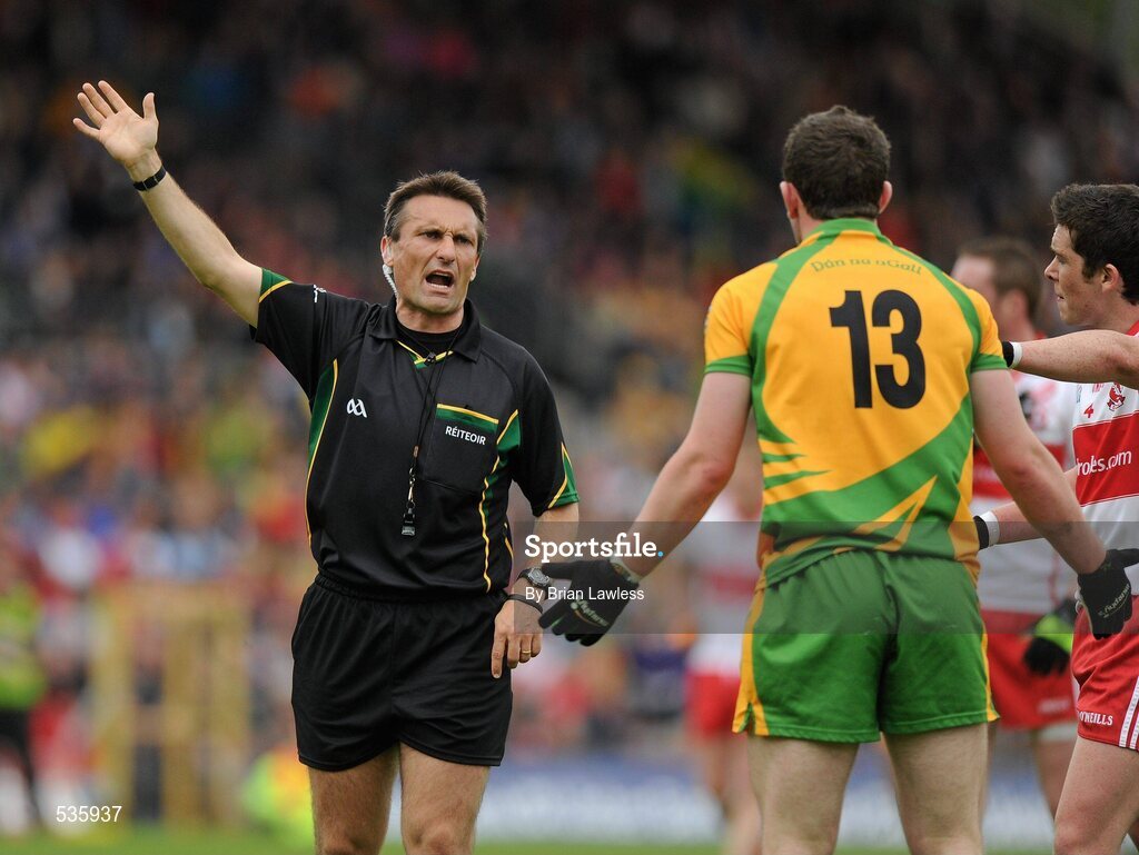 17 July 2011; Referee Maurice Deegan makes his point to Donegal's Patrick McBrearty. Ulster GAA Football Senior Championship Final, Derry v Donegal, St Tiernach's Park, Clones, Co. Monaghan. Picture credit: Brian Lawless / SPORTSFILE