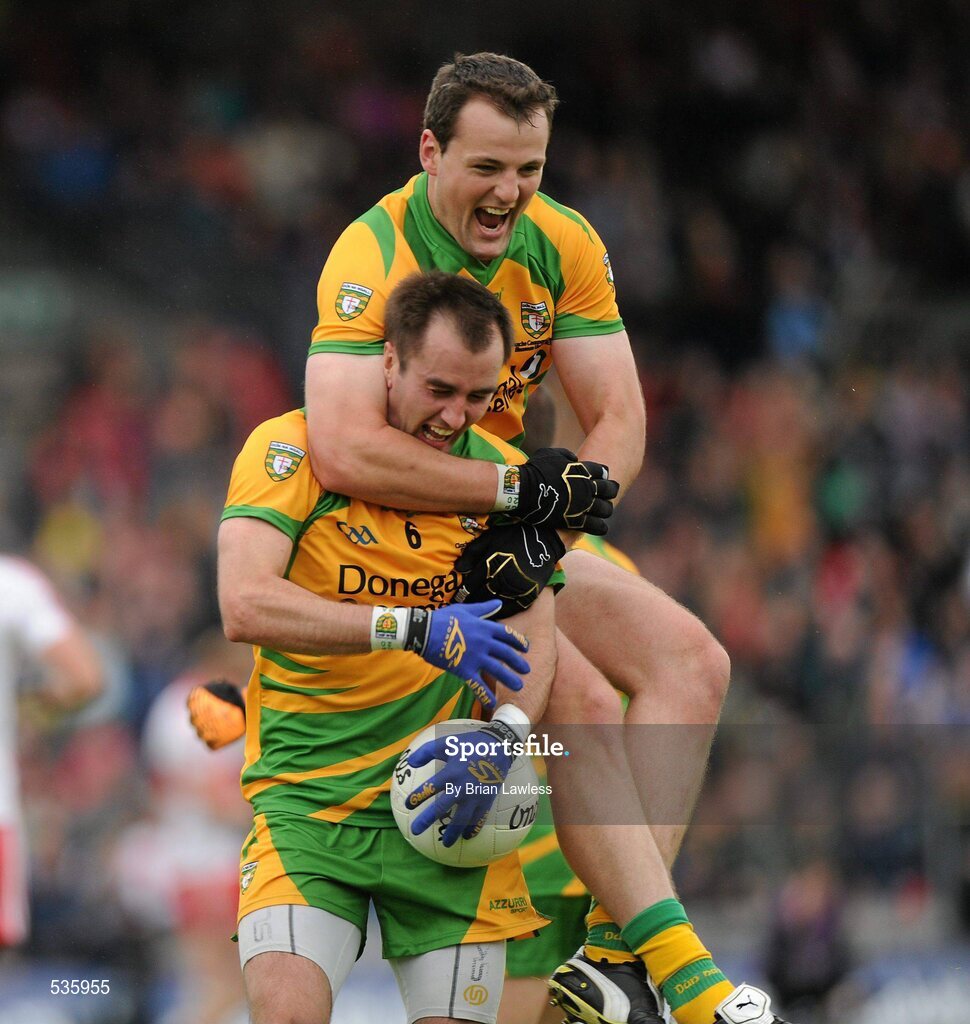 17 July 2011; Donegal captain Michael Murphy celebrates with team-mate Karl Lacey at the final whistle. Ulster GAA Football Senior Championship Final, Derry v Donegal, St Tiernach's Park, Clones, Co. Monaghan. Picture credit: Brian Lawless / SPORTSFILE