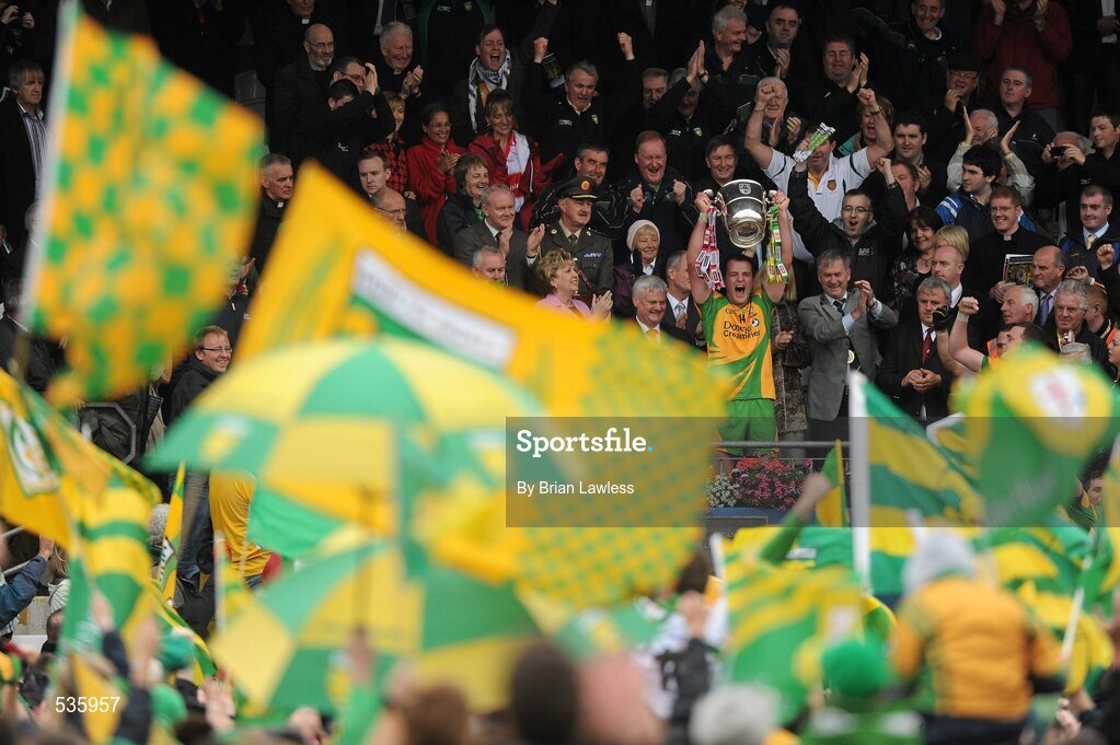 17 July 2011; Donegal captain Michael Murphy lifts the Anglo Celt cup. Ulster GAA Football Senior Championship Final, Derry v Donegal, St Tiernach's Park, Clones, Co. Monaghan. Picture credit: Brian Lawless / SPORTSFILE