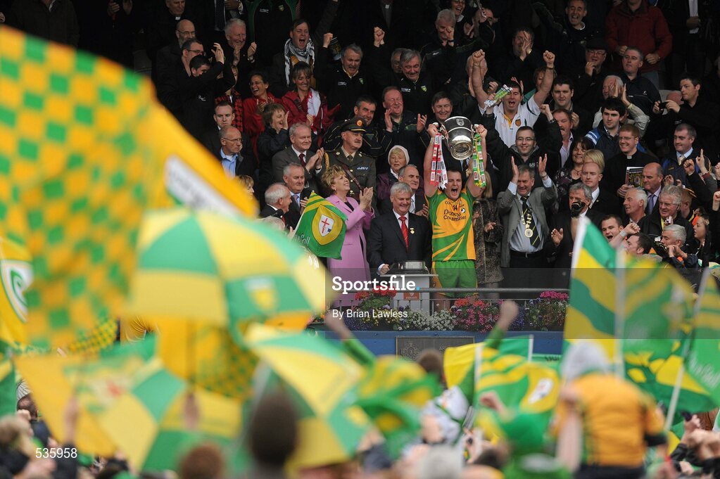 17 July 2011; Donegal captain Michael Murphy lifts the Anglo Celt cup. Ulster GAA Football Senior Championship Final, Derry v Donegal, St Tiernach's Park, Clones, Co. Monaghan. Picture credit: Brian Lawless / SPORTSFILE