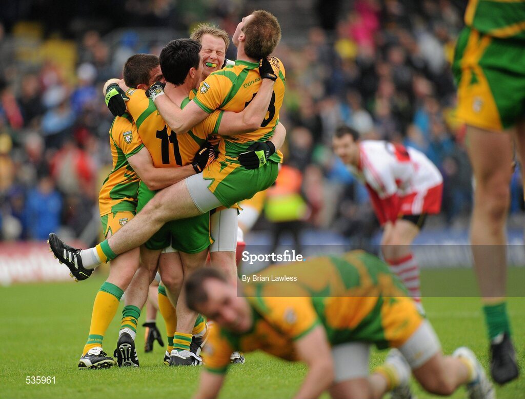 17 July 2011; Donegal players celebrate after the match. Ulster GAA Football Senior Championship Final, Derry v Donegal, St Tiernach's Park, Clones, Co. Monaghan. Picture credit: Brian Lawless / SPORTSFILE