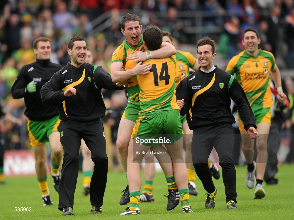 17 July 2011; Patrick McBrearty, Donegal, celebrates with team captain Michael Murphy, 14, after the match. Ulster GAA Football Senior Championship Final, Derry v Donegal, St Tiernach's Park, Clones, Co. Monaghan. Picture credit: Brian Lawless / SPORTSFILE