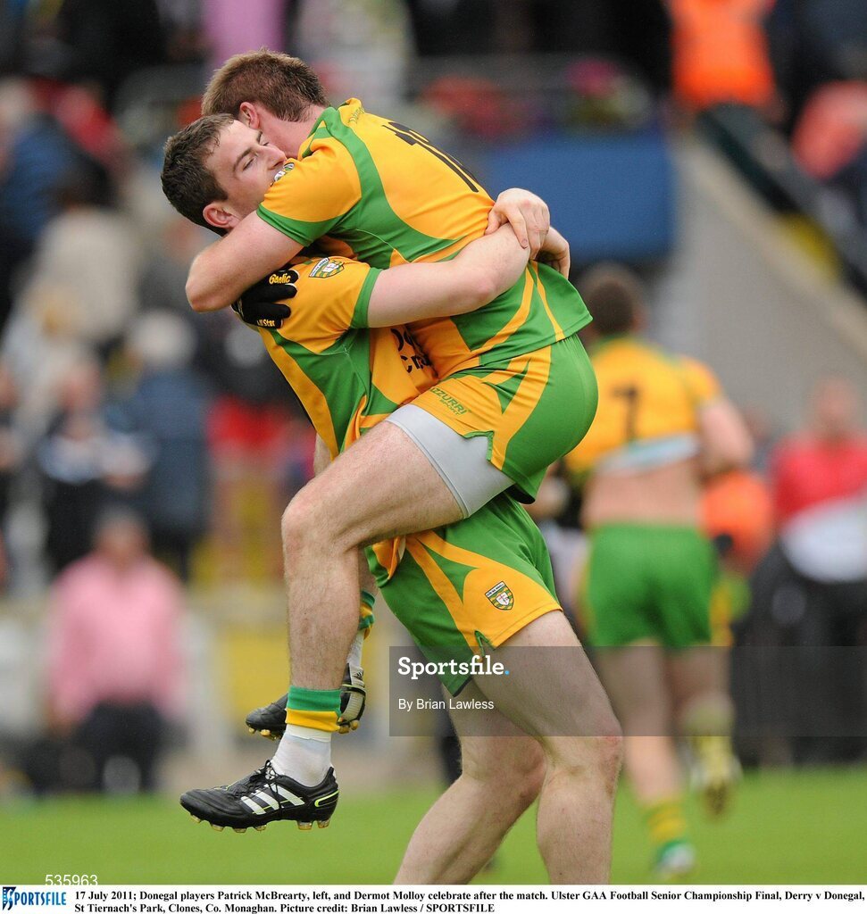 17 July 2011; Donegal players Patrick McBrearty, left, and Dermot Molloy celebrate after the match. Ulster GAA Football Senior Championship Final, Derry v Donegal, St Tiernach's Park, Clones, Co. Monaghan. Picture credit: Brian Lawless / SPORTSFILE