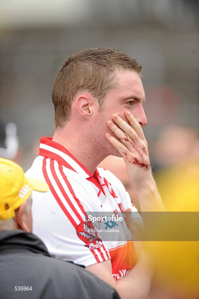 17 July 2011; Derry's Joe Diver shows his disappointment after the match. Ulster GAA Football Senior Championship Final, Derry v Donegal, St Tiernach's Park, Clones, Co. Monaghan. Picture credit: Brian Lawless / SPORTSFILE