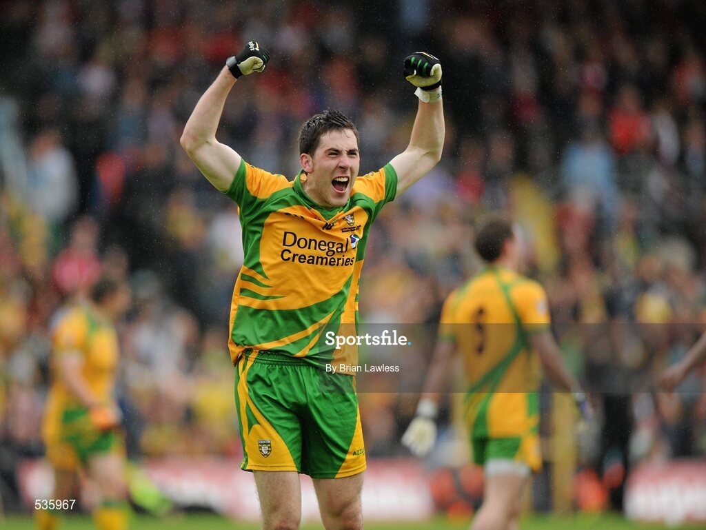 17 July 2011; Donegal's Mark McHugh celebrate in the last moments of the match. Ulster GAA Football Senior Championship Final, Derry v Donegal, St Tiernach's Park, Clones, Co. Monaghan. Picture credit: Brian Lawless / SPORTSFILE