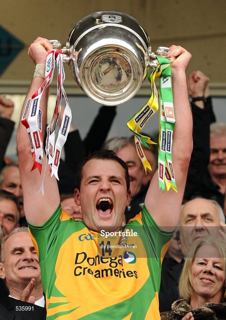 17 July 2011; Donegal captain Michael Murphy lifts the Anglo Celt Cup. Ulster GAA Football Senior Championship Final, Derry v Donegal, St Tiernach's Park, Clones, Co. Monaghan. Picture credit: Brendan Moran / SPORTSFILE