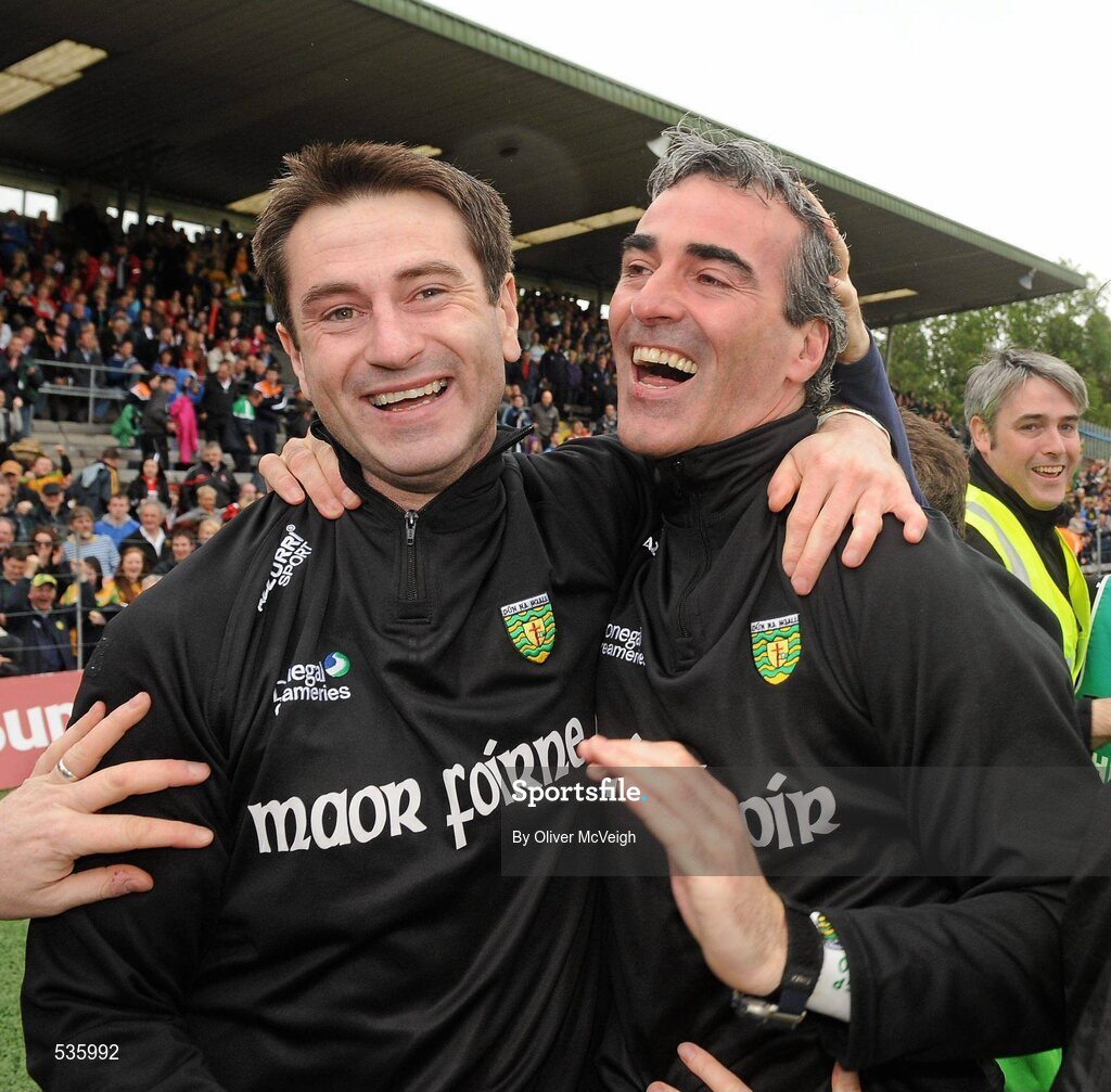 17 July 2011; Donegal manager Jim McGuinness, right, celebrates with his assistant Rory Gallagher at the final whistle. Ulster GAA Football Senior Championship Final, Derry v Donegal, St Tiernach's Park, Clones, Co. Monaghan. Picture credit: Oliver McVeigh / SPORTSFILE