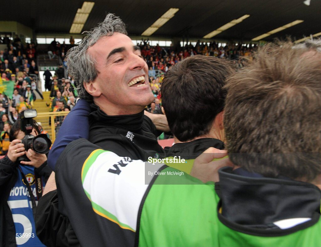 17 July 2011; Donegal manager Jim McGuinness celebrates at the final whistle. Ulster GAA Football Senior Championship Final, Derry v Donegal, St Tiernach's Park, Clones, Co. Monaghan. Picture credit: Oliver McVeigh / SPORTSFILE