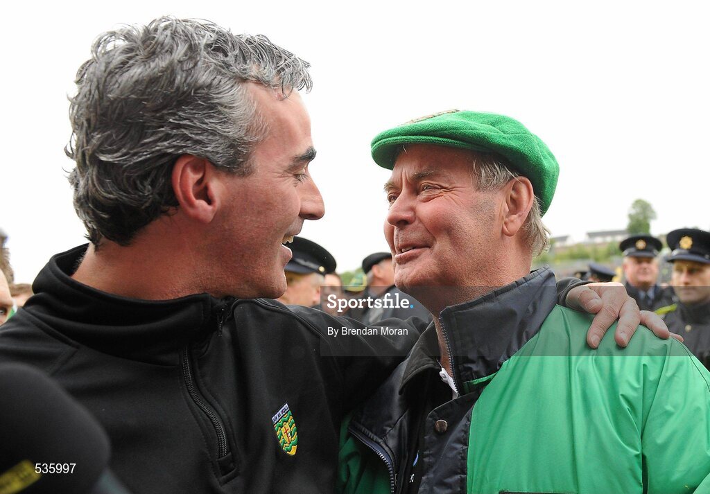 17 July 2011; Current Donegal manager Jim McGuinness, left, with former Donegal manager Brian McEniff after the game. Ulster GAA Football Senior Championship Final, Derry v Donegal, St Tiernach's Park, Clones, Co. Monaghan. Picture credit: Brendan Moran / SPORTSFILE