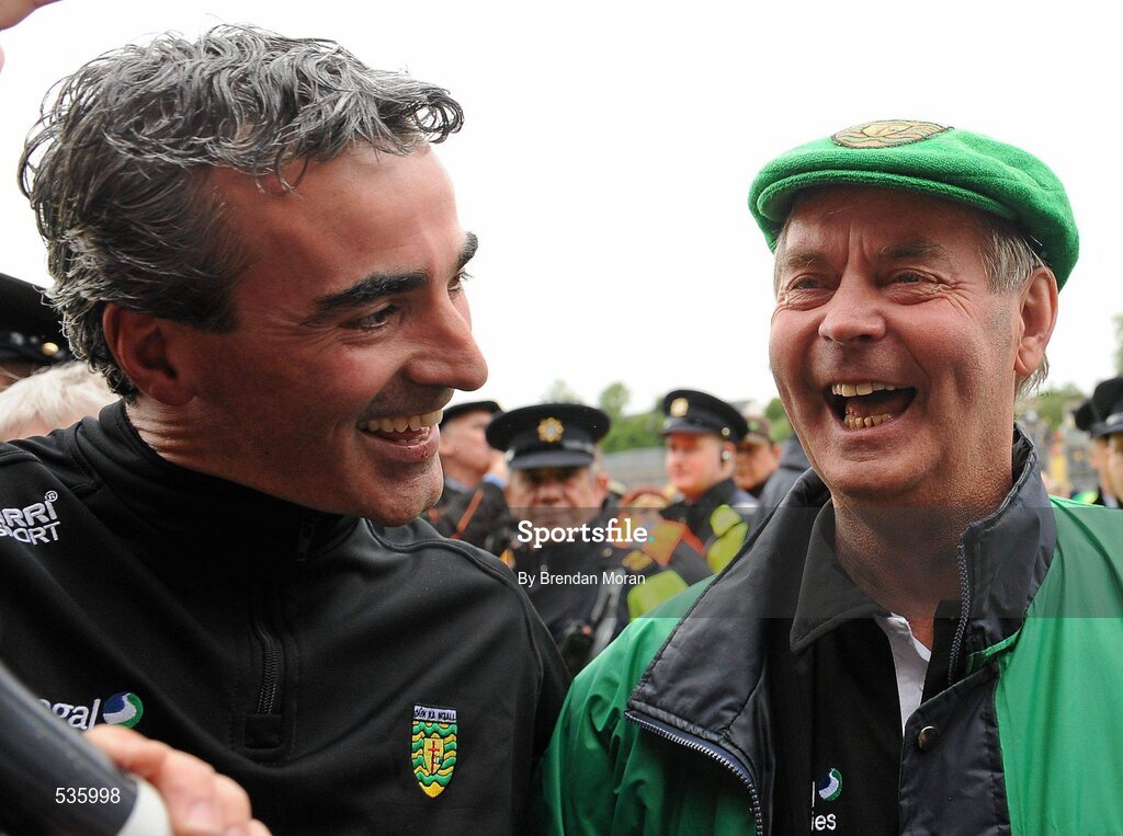 17 July 2011; Current Donegal manager Jim McGuinness, left, with former Donegal manager Brian McEniff after the game. Ulster GAA Football Senior Championship Final, Derry v Donegal, St Tiernach's Park, Clones, Co. Monaghan. Picture credit: Brendan Moran / SPORTSFILE