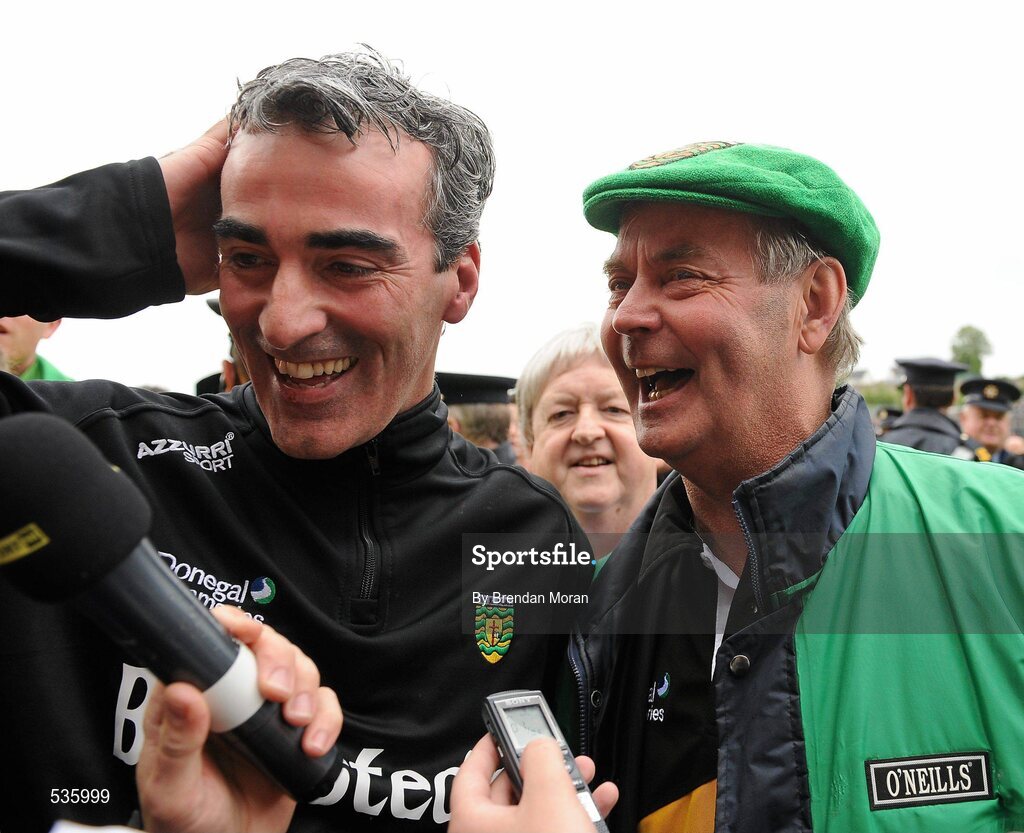 17 July 2011; Current Donegal manager Jim McGuinness, left, with former Donegal manager Brian McEniff after the game. Ulster GAA Football Senior Championship Final, Derry v Donegal, St Tiernach's Park, Clones, Co. Monaghan. Picture credit: Brendan Moran / SPORTSFILE