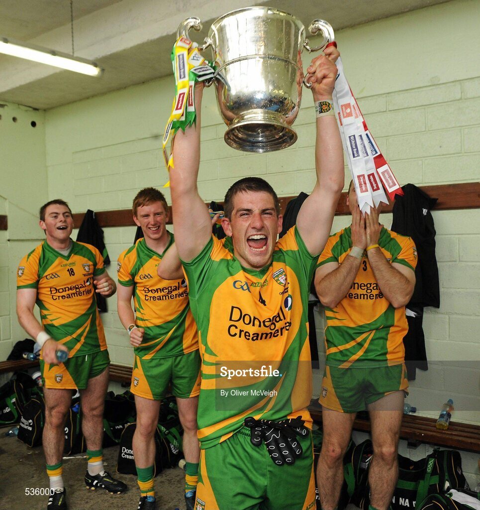 17 July 2011; Paddy McGrath, Donegal, celebrates with the Anglo Celt cup after the match. Ulster GAA Football Senior Championship Final, Derry v Donegal, St Tiernach's Park, Clones, Co. Monaghan. Picture credit: Oliver McVeigh / SPORTSFILE