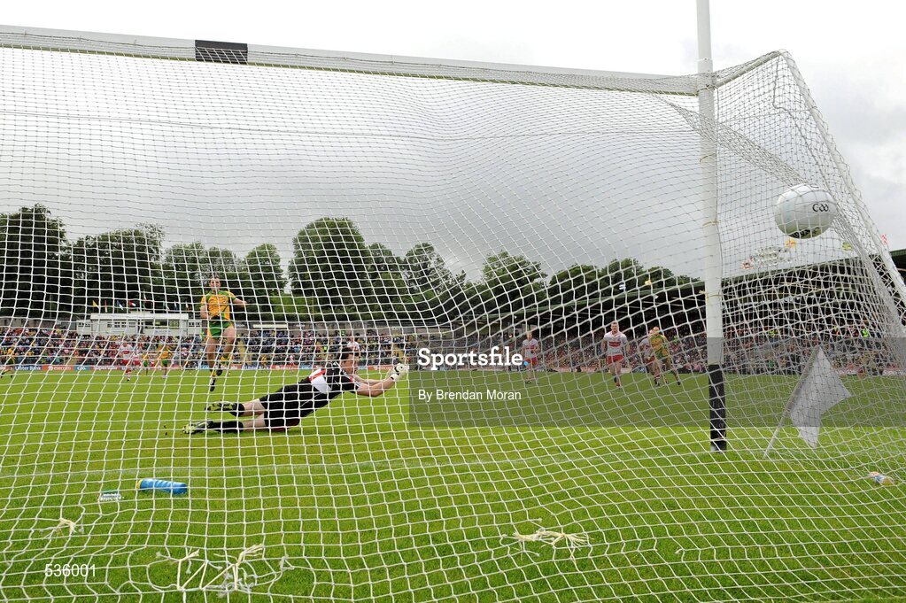 17 July 2011; Michael Murphy, Donegal, scores his side's only goal past Derry goalkeeper Danny Devlin from the penalty spot. Ulster GAA Football Senior Championship Final, Derry v Donegal, St Tiernach's Park, Clones, Co. Monaghan. Picture credit: Brendan Moran / SPORTSFILE