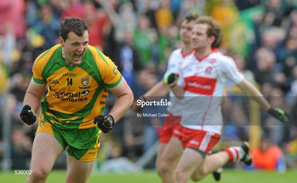 17 July 2011; Michael Murphy, Donegal, celebrates after scoring his side's only goal from a penalty. Ulster GAA Football Senior Championship Final, Derry v Donegal, St Tiernach's Park, Clones, Co. Monaghan. Picture credit: Michael Cullen / SPORTSFILE
