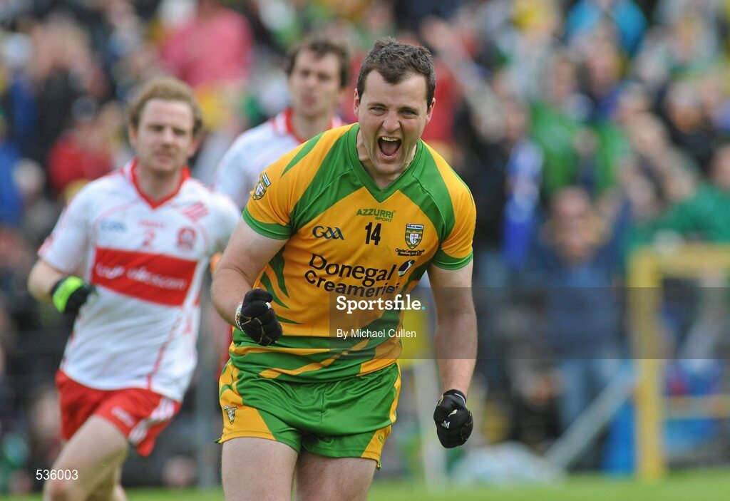 17 July 2011; Michael Murphy, Donegal, celebrates after scoring his side's only goal from a penalty. Ulster GAA Football Senior Championship Final, Derry v Donegal, St Tiernach's Park, Clones, Co. Monaghan. Picture credit: Michael Cullen / SPORTSFILE