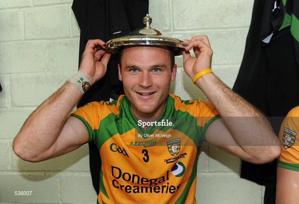 17 July 2011; Neil McGee, Donegal, celebrates with the lid of the Anglo Celt cup in the chaning rooms. Ulster GAA Football Senior Championship Final, Derry v Donegal, St Tiernach's Park, Clones, Co. Monaghan. Picture credit: Oliver McVeigh / SPORTSFILE