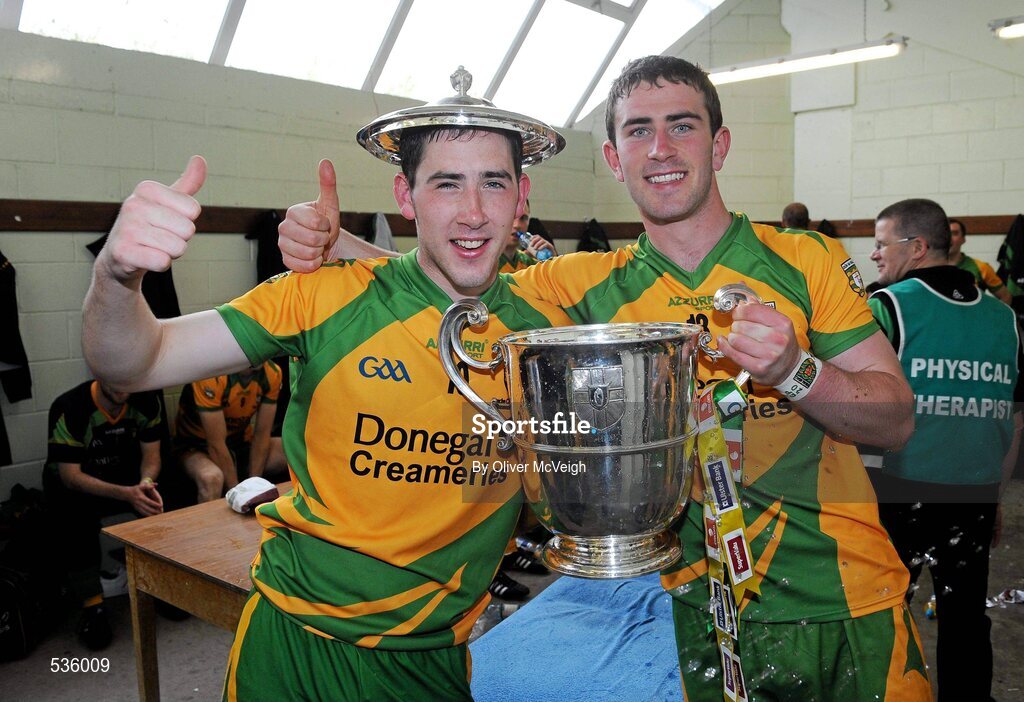 17 July 2011; Mark McHugh and Patrick McBrearty, Donegal, celebrates with the Anglo Celt cup in the chaning rooms. Ulster GAA Football Senior Championship Final, Derry v Donegal, St Tiernach's Park, Clones, Co. Monaghan. Picture credit: Oliver McVeigh / SPORTSFILE