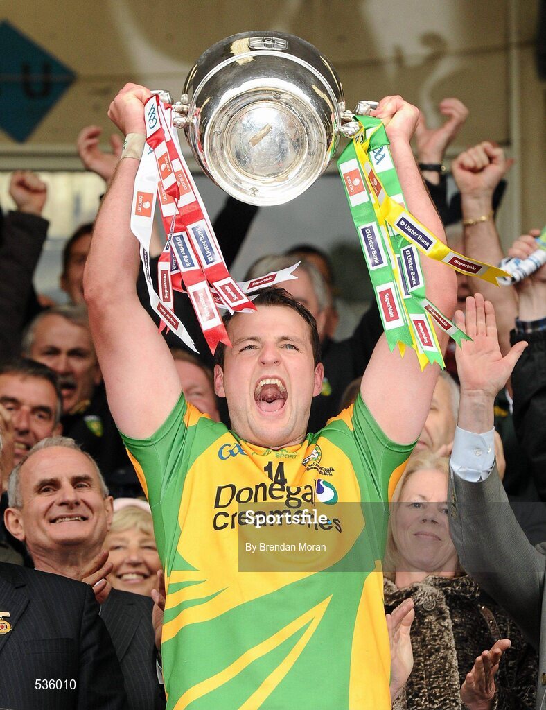 17 July 2011; Donegal captain Michael Murphy lifts the Anglo Celt Cup. Ulster GAA Football Senior Championship Final, Derry v Donegal, St Tiernach's Park, Clones, Co. Monaghan. Picture credit: Brendan Moran / SPORTSFILE