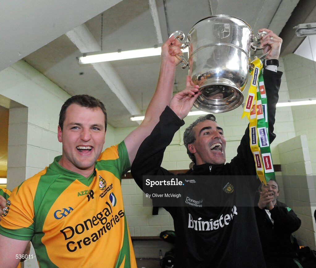 17 July 2011; Donegal manager Jim McGuinness, right, and Captain Michael Murphy enters the changing room with the Anglo Celt cup. Ulster GAA Football Senior Championship Final, Derry v Donegal, St Tiernach's Park, Clones, Co. Monaghan. Picture credit: Oliver McVeigh / SPORTSFILE