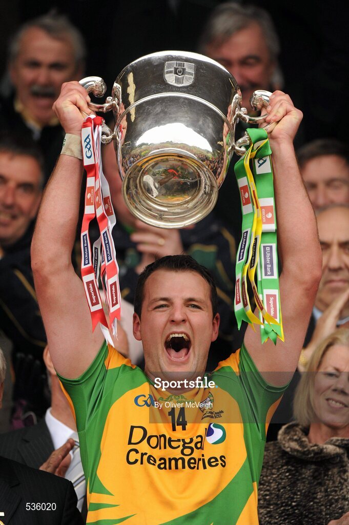 17 July 2011; Michael Murphy, Donegal, holds aloft the Anglo Celt cup. Ulster GAA Football Senior Championship Final, Derry v Donegal, St Tiernach's Park, Clones, Co. Monaghan. Picture credit: Oliver McVeigh / SPORTSFILE