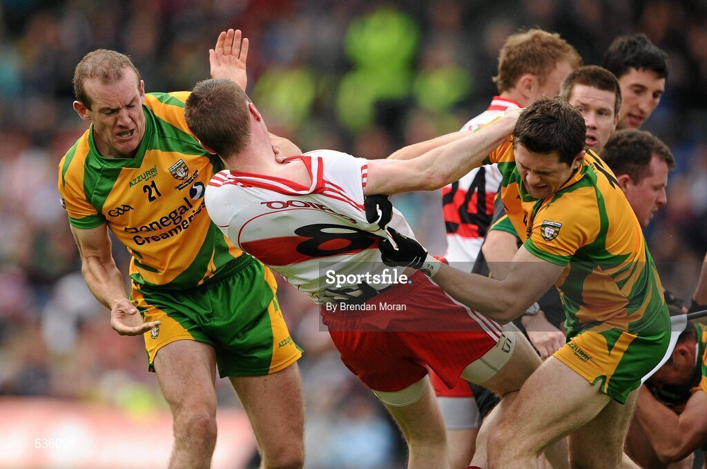17 July 2011; Neil Gallagher, left, and Ryan Bradley, Donegal, get involved in an altercation with Joe Diver, Derry. Ulster GAA Football Senior Championship Final, Derry v Donegal, St Tiernach's Park, Clones, Co. Monaghan. Picture credit: Brendan Moran / SPORTSFILE
