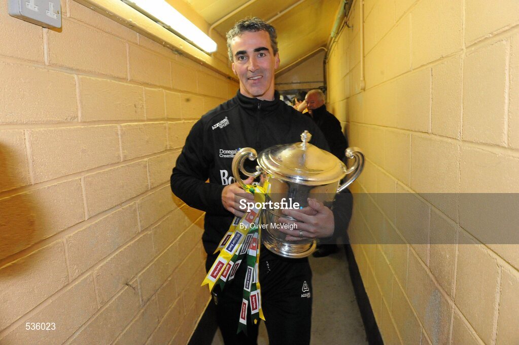17 July 2011; Donegal manager Jim McGuinness coming into the changing room with the Anglo Celt cup. Ulster GAA Football Senior Championship Final, Derry v Donegal, St Tiernach's Park, Clones, Co. Monaghan. Picture credit: Oliver McVeigh / SPORTSFILE