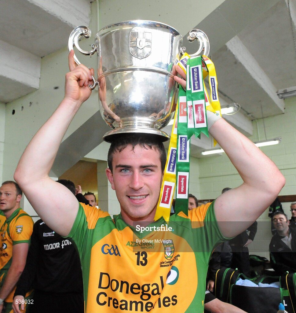 17 July 2011; Patrick McBrearty, Donegal, celebrates with the Anglo Celt cup. Ulster GAA Football Senior Championship Final, Derry v Donegal, St Tiernach's Park, Clones, Co. Monaghan. Picture credit: Oliver McVeigh / SPORTSFILE