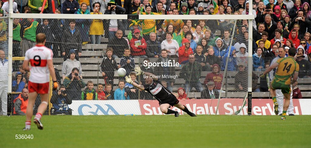 17 July 2011; Michael Murphy, Donegal, 14, scores the penalty past Danny Devlin, Derry. Ulster GAA Football Senior Championship Final, Derry v Donegal, St Tiernach's Park, Clones, Co. Monaghan. Picture credit: Oliver McVeigh / SPORTSFILE