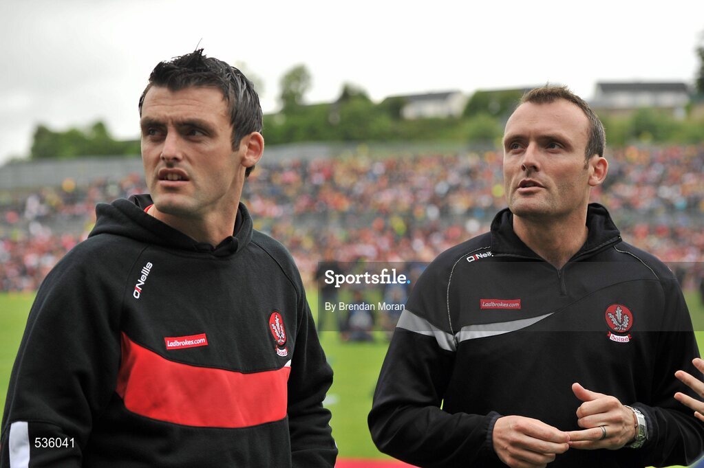 17 July 2011; Derry's injured forwards Eoin, left, and Paddy Bradley before the gamel. Ulster GAA Football Senior Championship Final, Derry v Donegal, St Tiernach's Park, Clones, Co. Monaghan. Picture credit: Brendan Moran / SPORTSFILE