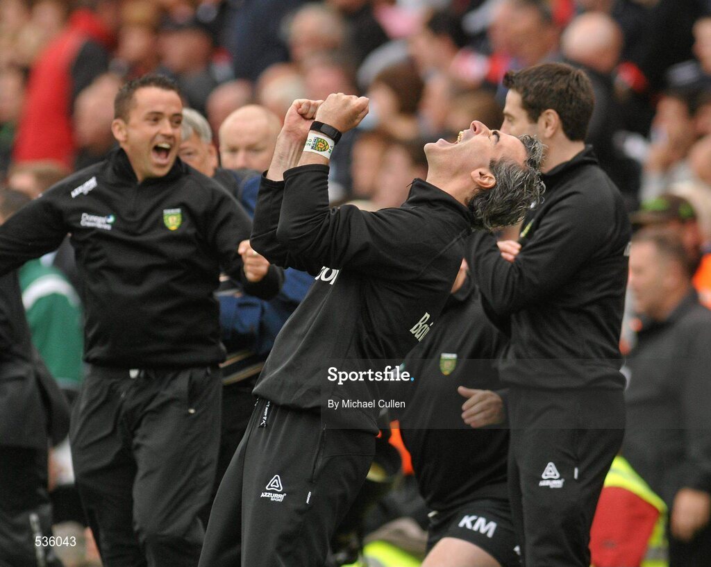 17 July 2011; Donegal manager Jim McGuinness celebrates victory at the final whistle. Ulster GAA Football Senior Championship Final, Derry v Donegal, St Tiernach's Park, Clones, Co. Monaghan. Picture credit: Michael Cullen / SPORTSFILE