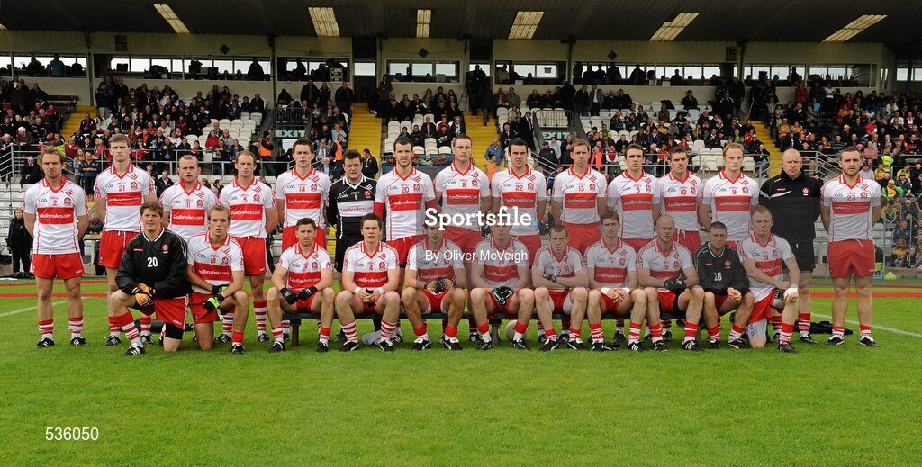 17 July 2011; The Derry squad. Ulster GAA Football Senior Championship Final, Derry v Donegal, St Tiernach's Park, Clones, Co. Monaghan. Picture credit: Oliver McVeigh / SPORTSFILE
