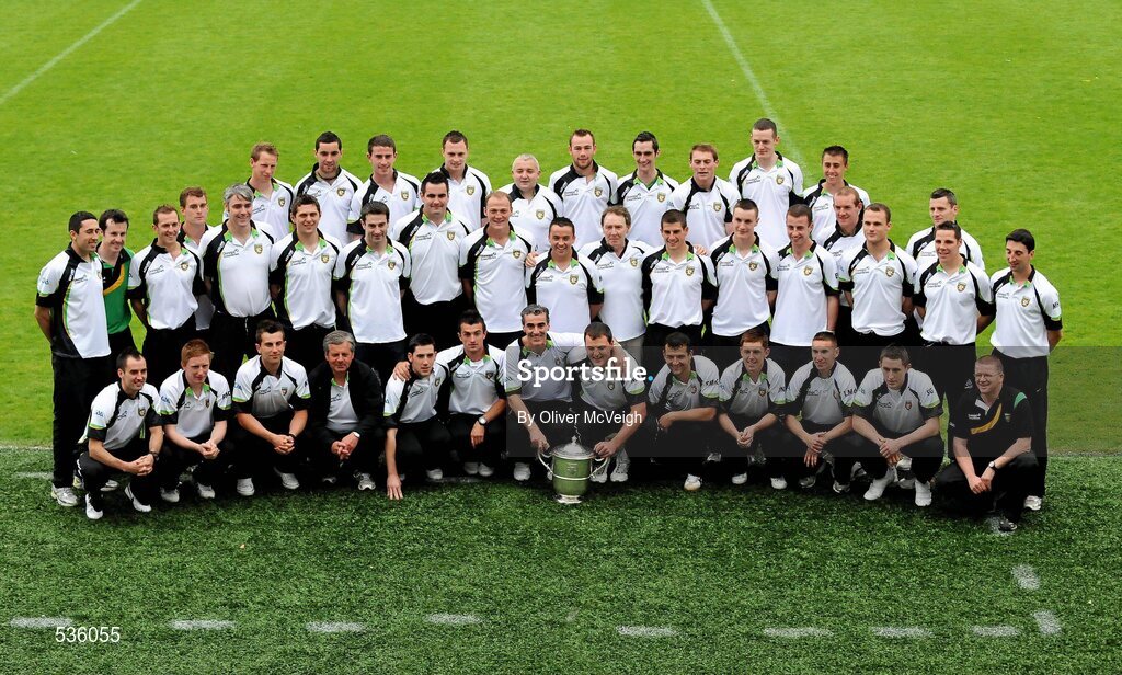 17 July 2011; The Donegal squad and backroom staff with the Anglo Celt cup after the game. Ulster GAA Football Senior Championship Final, Derry v Donegal, St Tiernach's Park, Clones, Co. Monaghan. Picture credit: Oliver McVeigh / SPORTSFILE