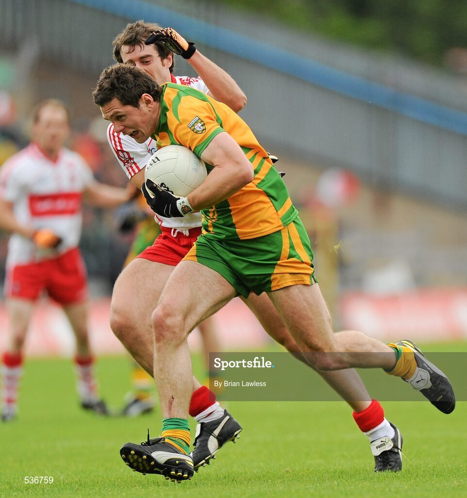 17 July 2011; Ryan Bradley, Donegal, in action against Charlie Kielt, Derry. Ulster GAA Football Senior Championship Final, Derry v Donegal, St Tiernach's Park, Clones, Co. Monaghan. Picture credit: Brian Lawless / SPORTSFILE