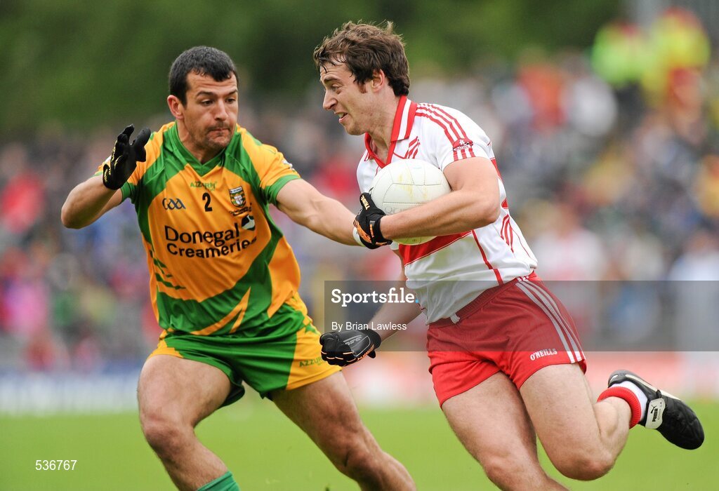 17 July 2011; Charlie Kielt, Derry, in action against Frank McGlynn, Donegal. Ulster GAA Football Senior Championship Final, Derry v Donegal, St Tiernach's Park, Clones, Co. Monaghan. Picture credit: Brian Lawless / SPORTSFILE