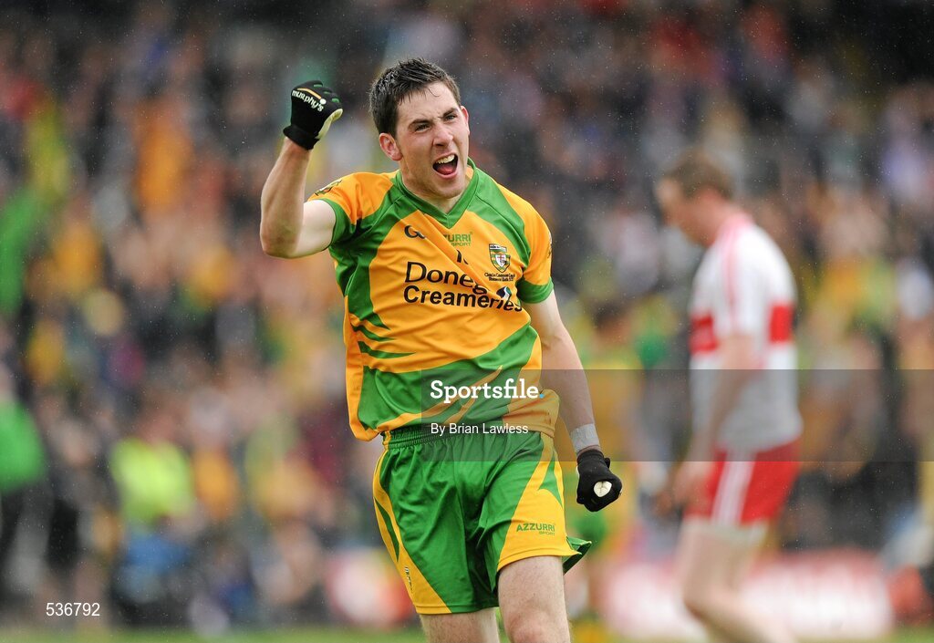 17 July 2011; Donegal's Mark McHugh celebrate in the last moments of the match. Ulster GAA Football Senior Championship Final, Derry v Donegal, St Tiernach's Park, Clones, Co. Monaghan. Picture credit: Brian Lawless / SPORTSFILE